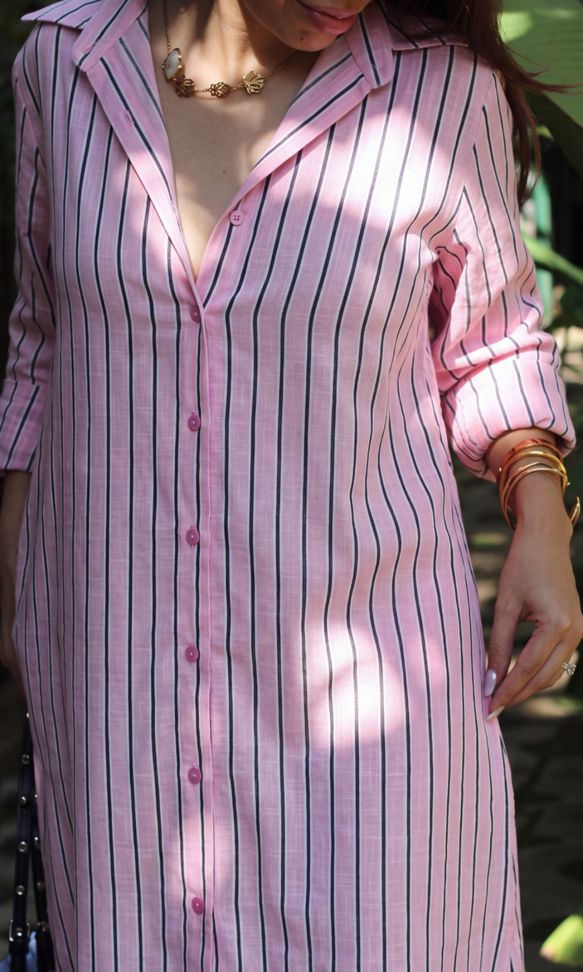 Pink Black Stripe Cotton Shirt Dress