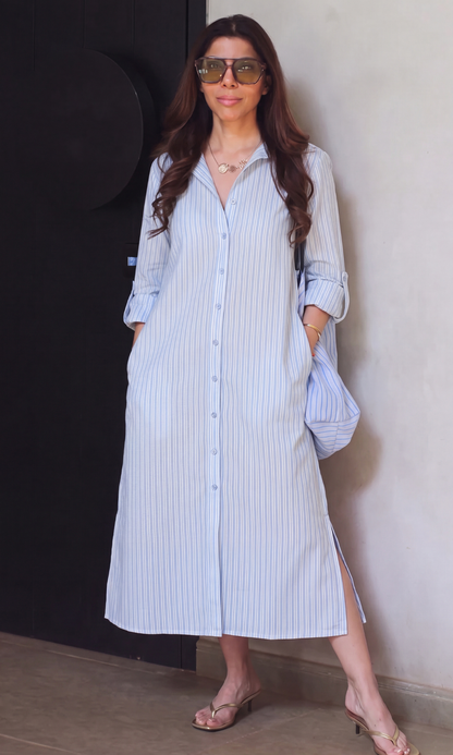 Steel Blue Stripe Collar Shirt Dress