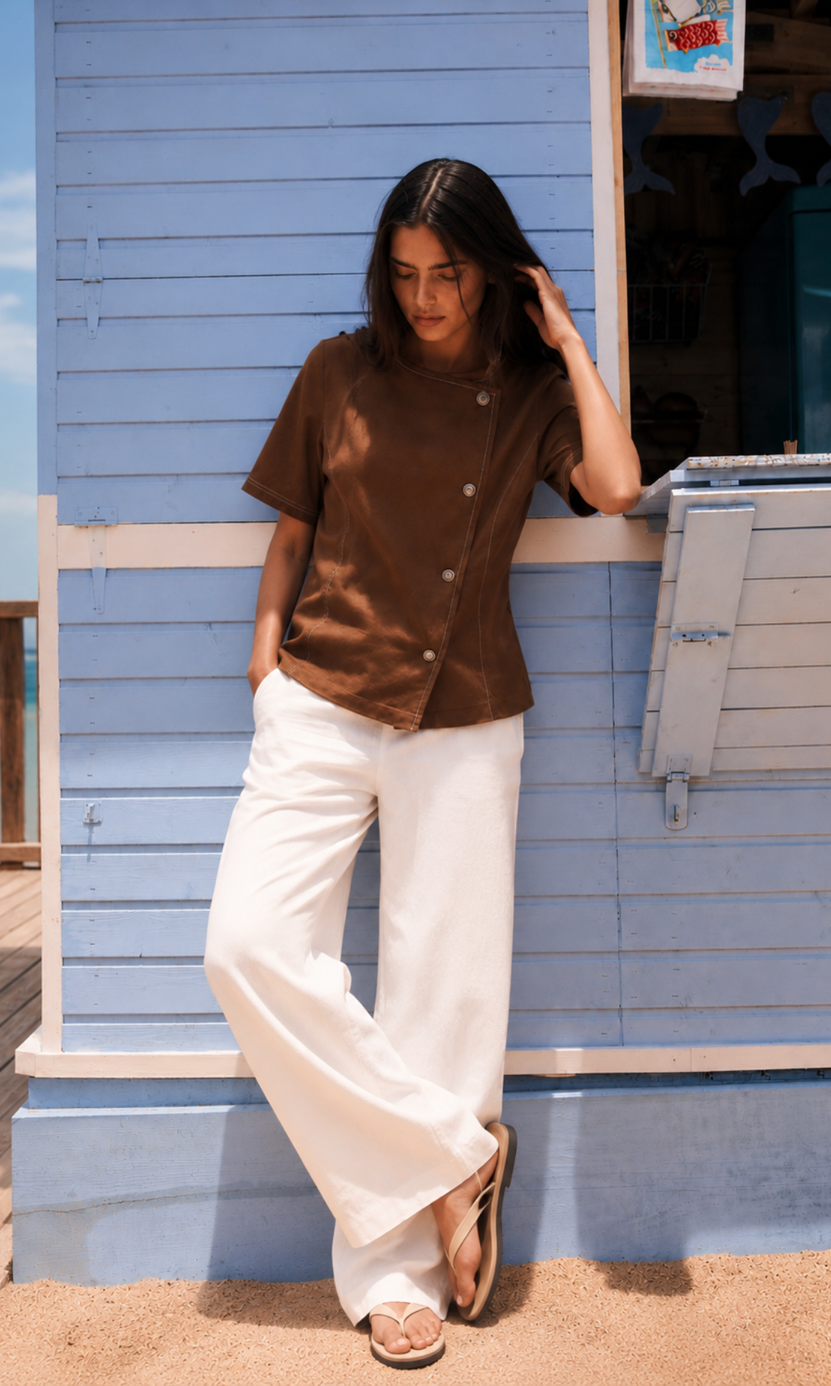 Brown Denim Contrast Stitch Top