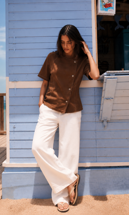 Brown Denim Contrast Stitch Top