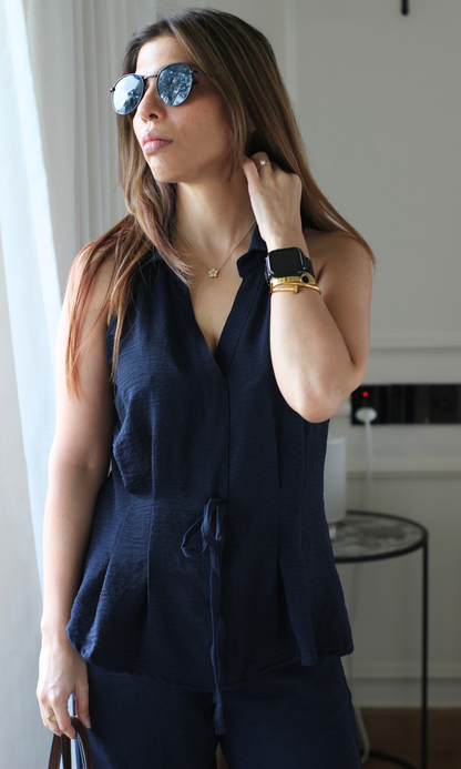 Deep Navy String Detail Top and Flared Pants Co-ord