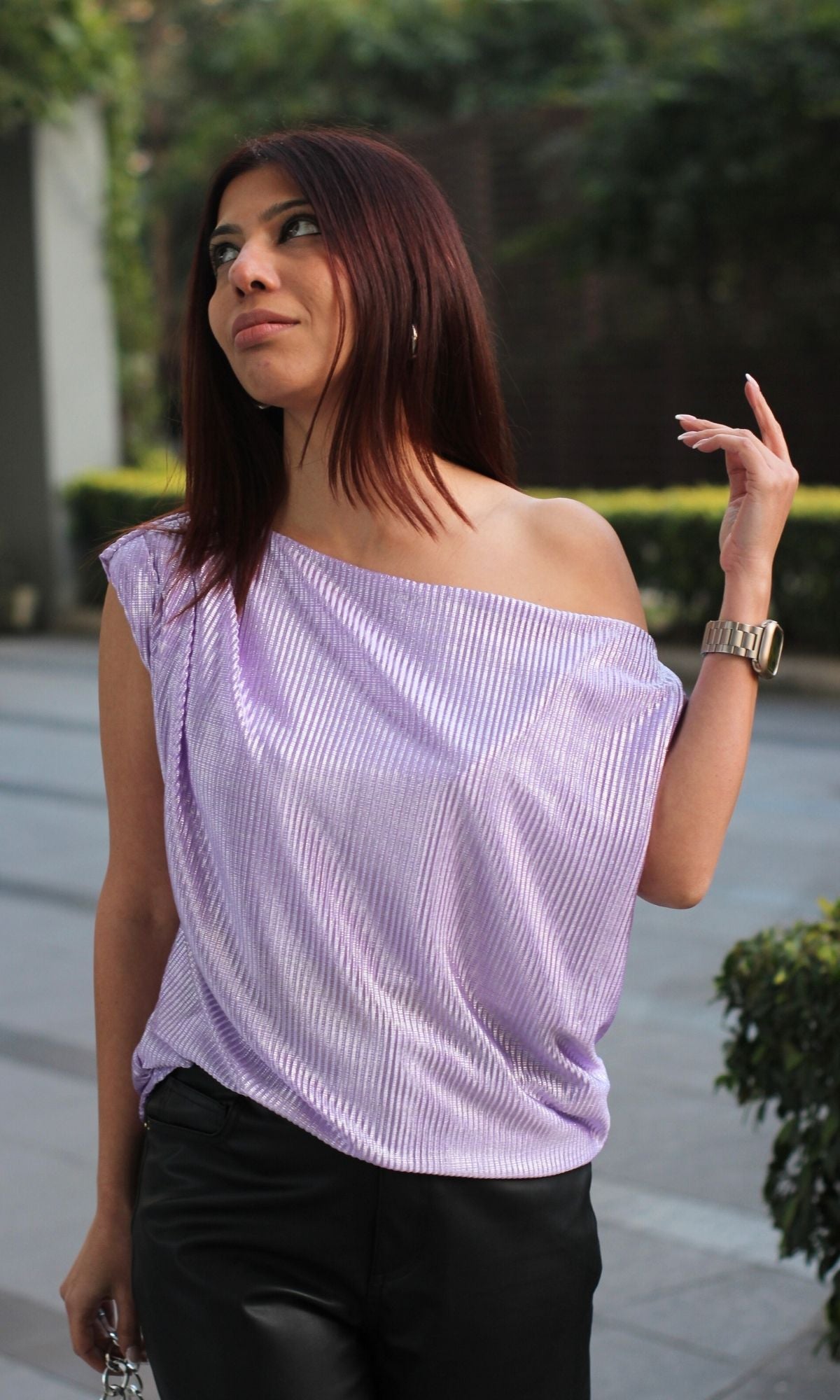 Lavender Shimmer Pleated One-Shoulder Top