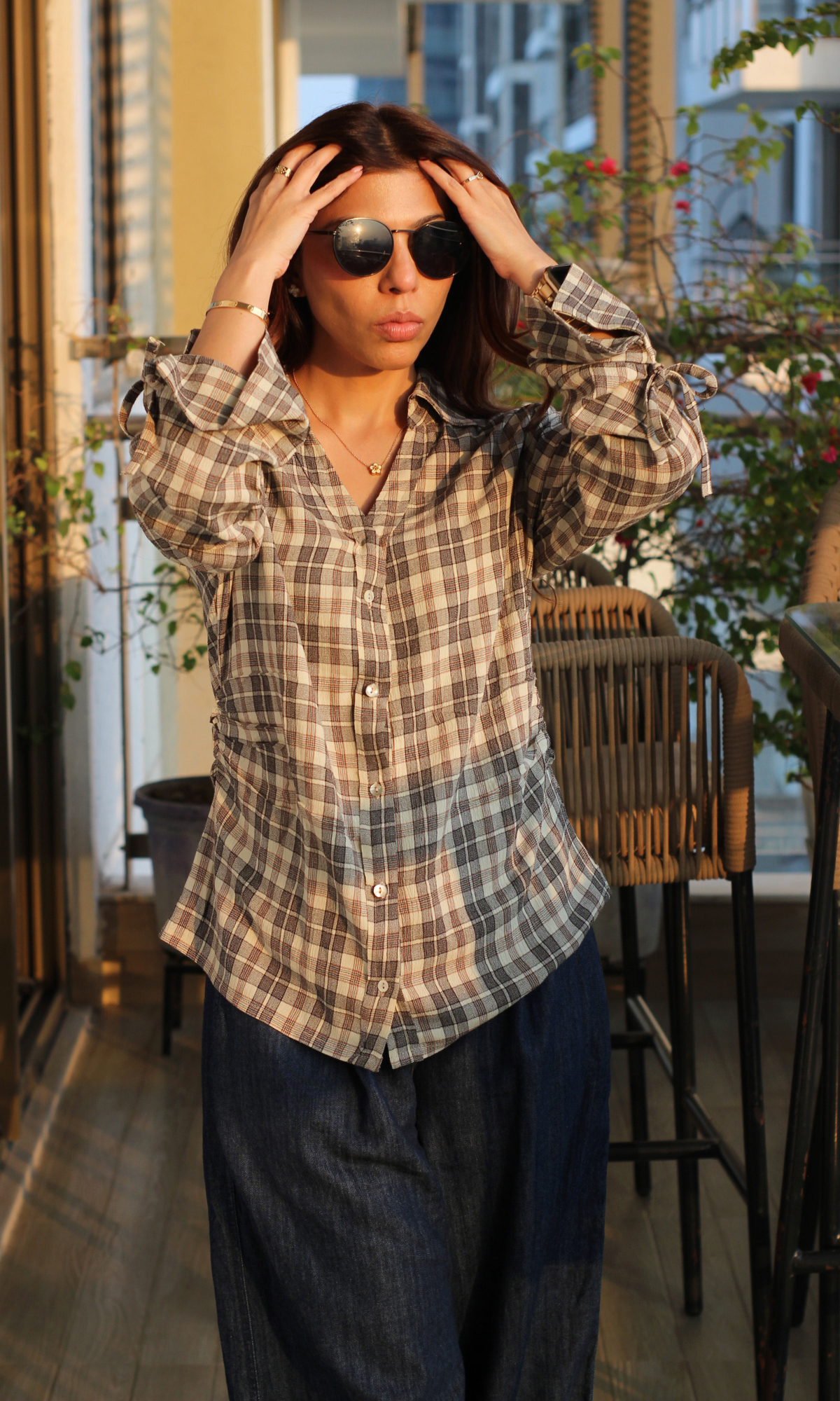 Brown-Cream Check String Detail Cotton Shirt