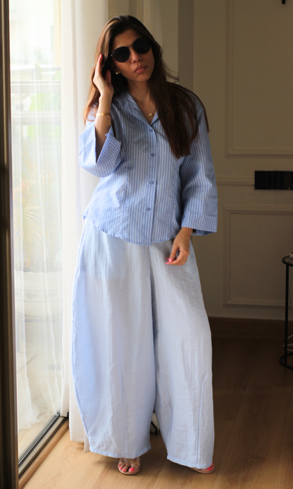 Powder Blue Pinstripe Tailored Peplum Shirt