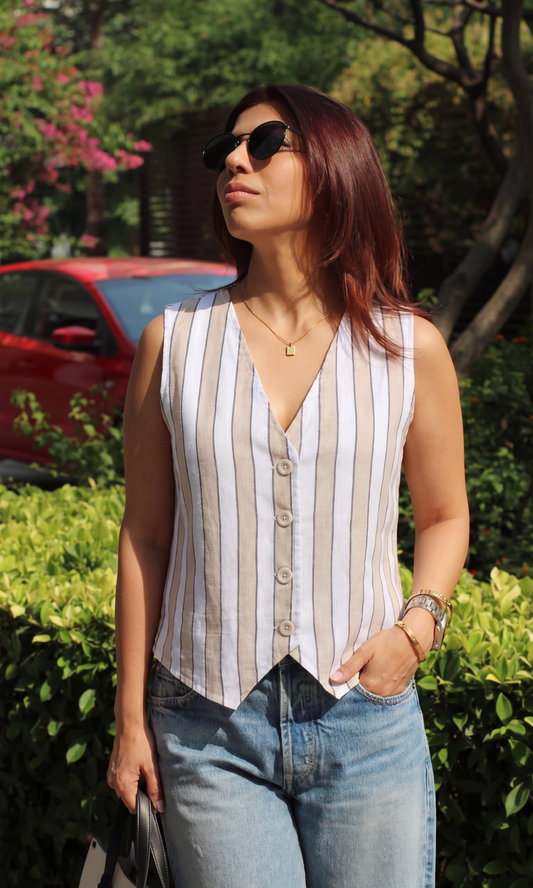 White-Beige Linear Cotton Waistcoat