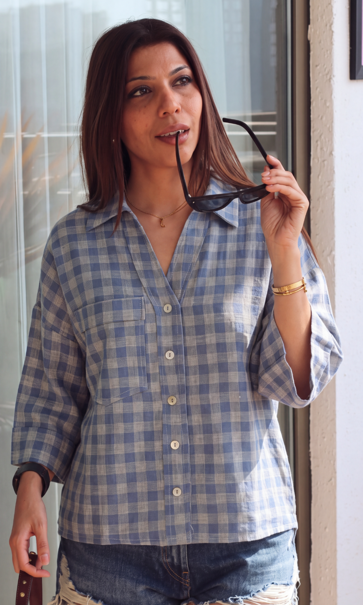Blue Gingham Camp Shirt