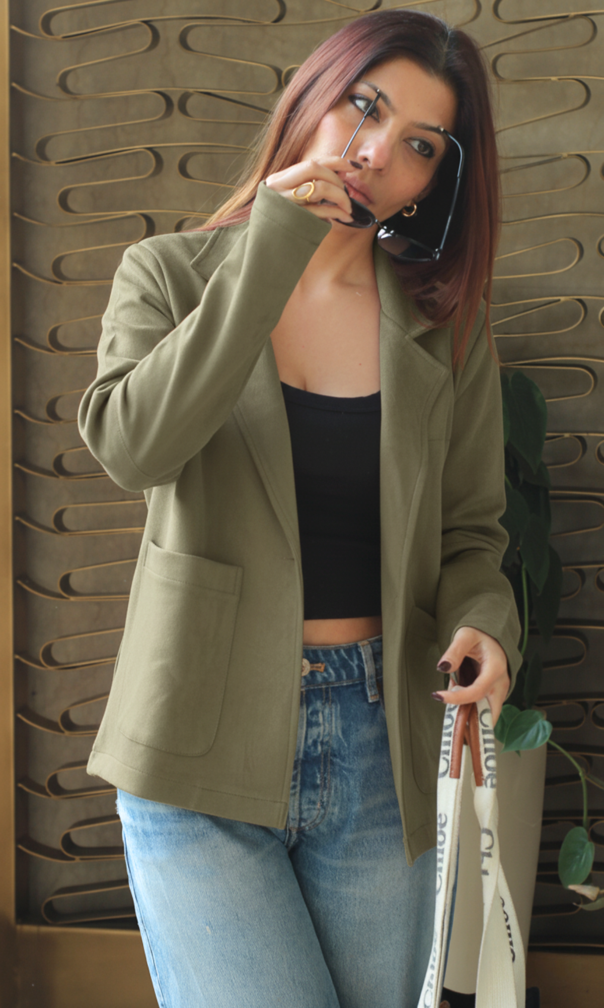 Olive and grey tone suede jacket crafted from genuine suede, with a collared neckline and oversized pockets — ideal smart-casual piece.