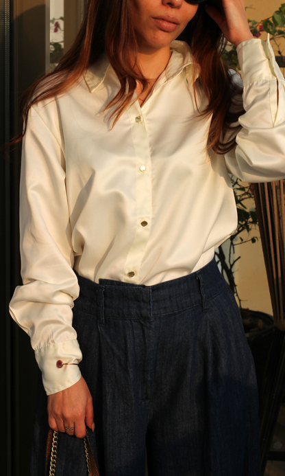 Cream Satin Metallic Buttoned Shirt