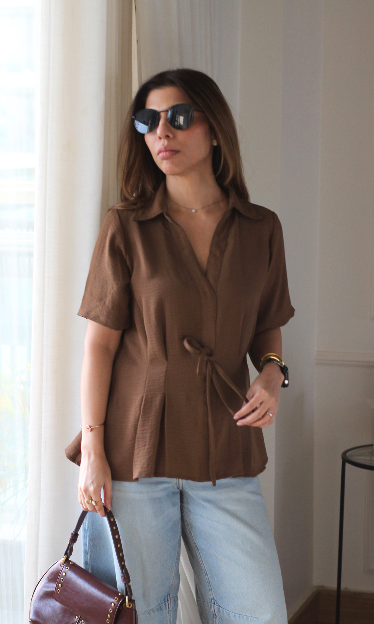 Toffee Brown Tie Detail Top
