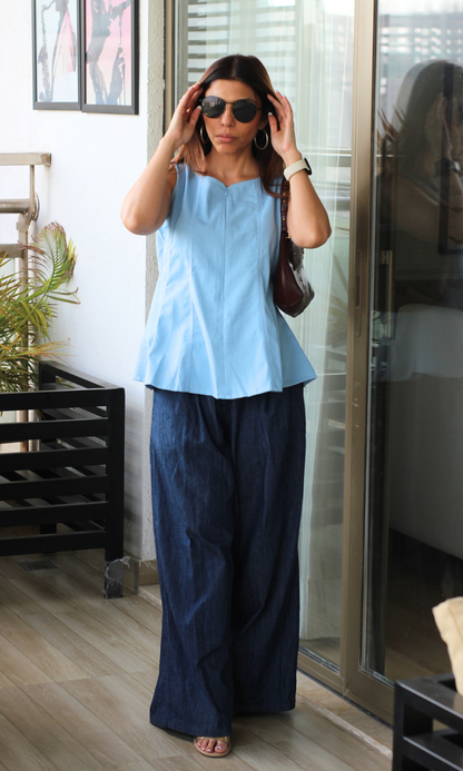 Sky Denim Cotton Flared Top