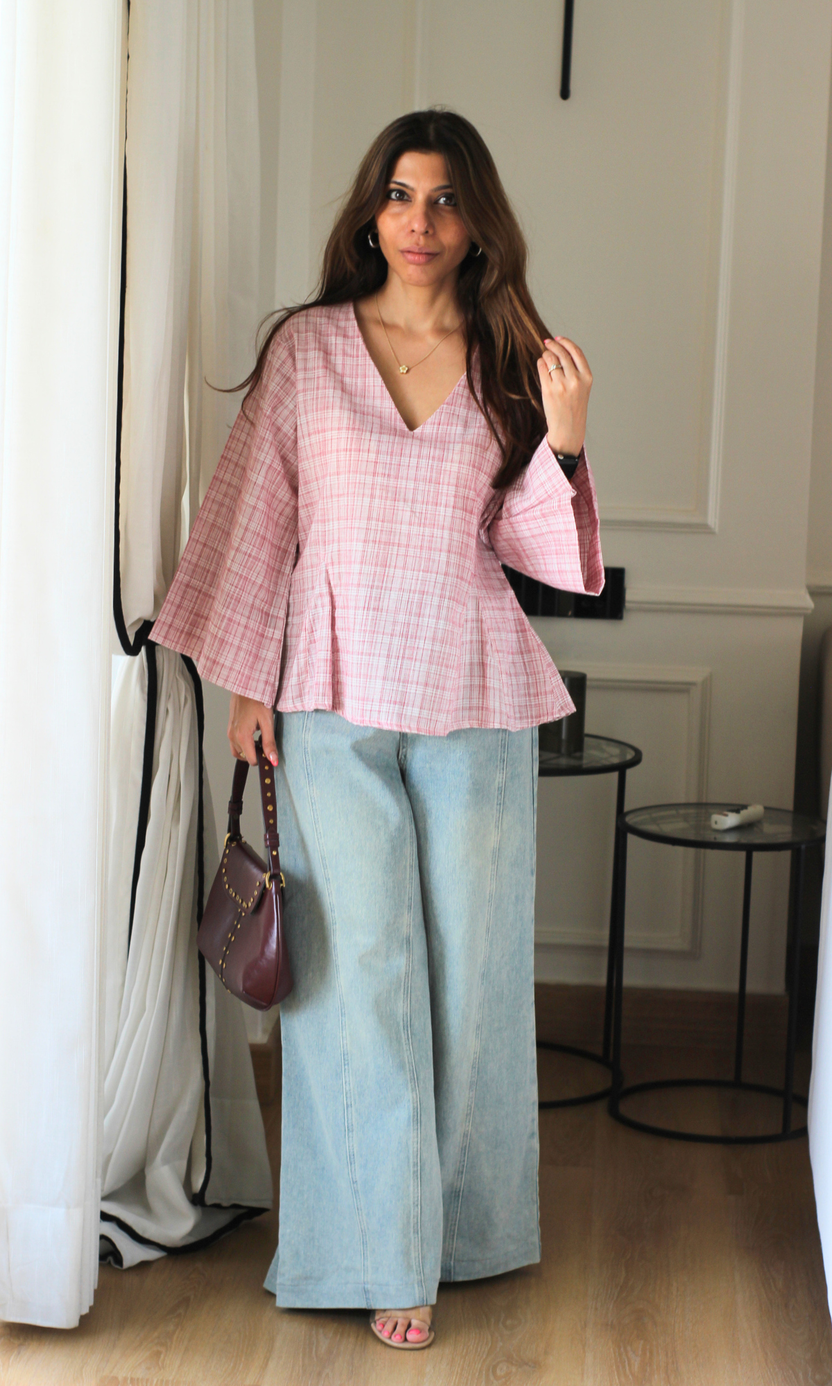 Rose Check V-Neck Peplum Top
