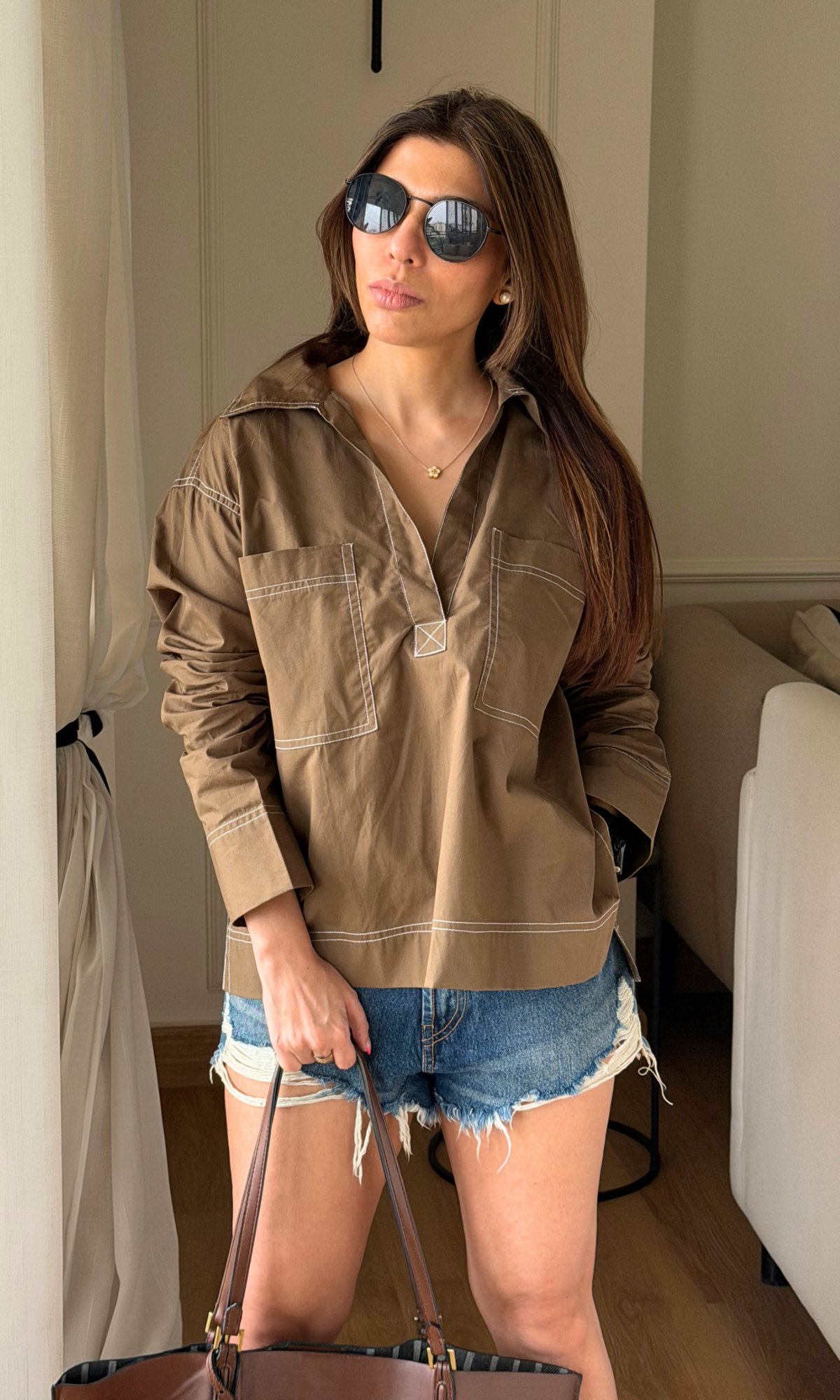 Camel Contrast Stitch Utility Pocket Top