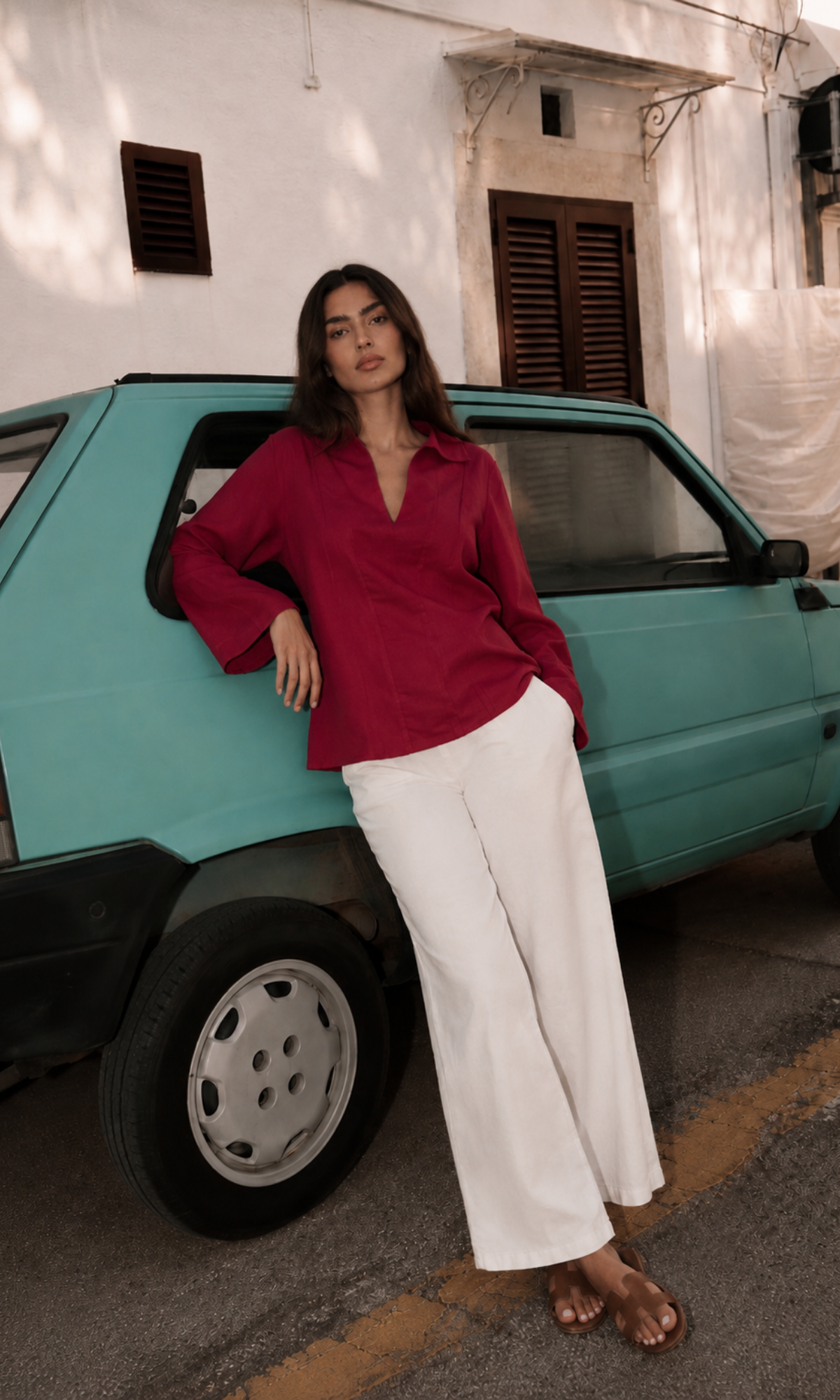 Crimson Berry Textured Collared V-Neck Blouse