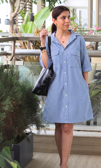 Blue Micro-Check Cotton Shirt Dress