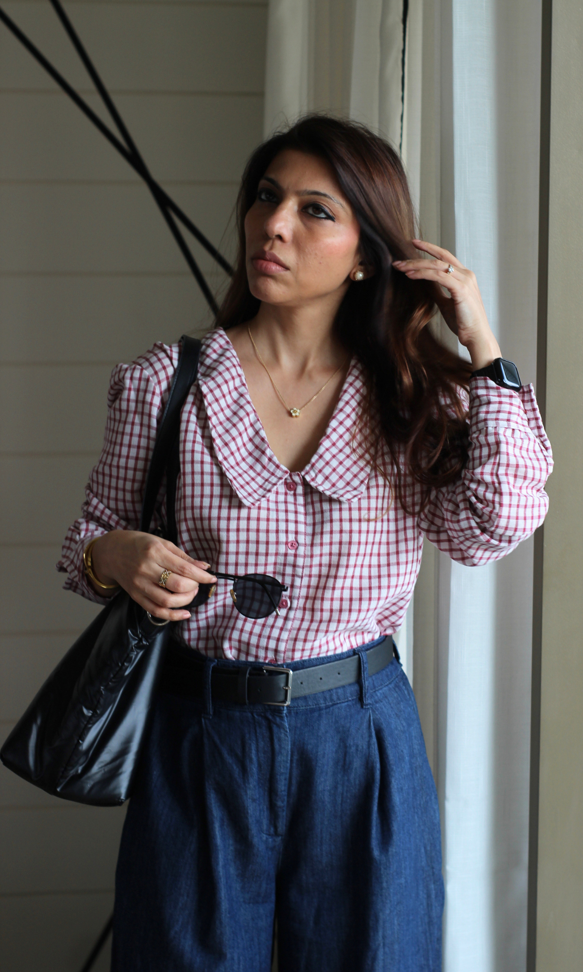 Red Gingham Peter Pan Collared Shirt