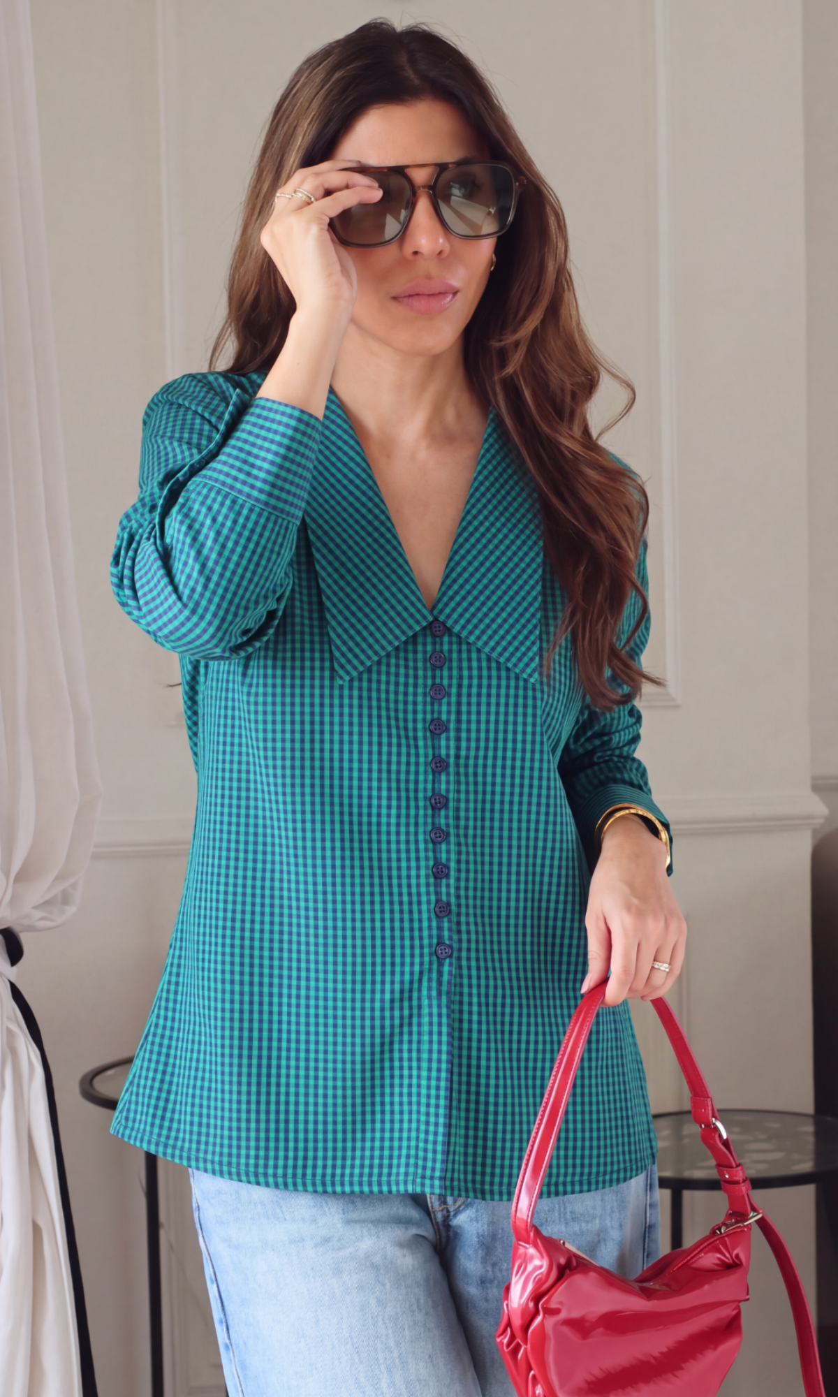 Green Blue Gingham Check Oversized Collar Shirt
