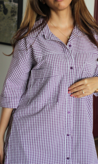 Purple Gingham Utility Shirt Dress