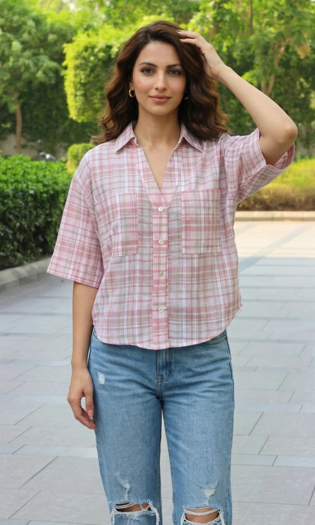 Pink Green Cotton Cropped Shirt