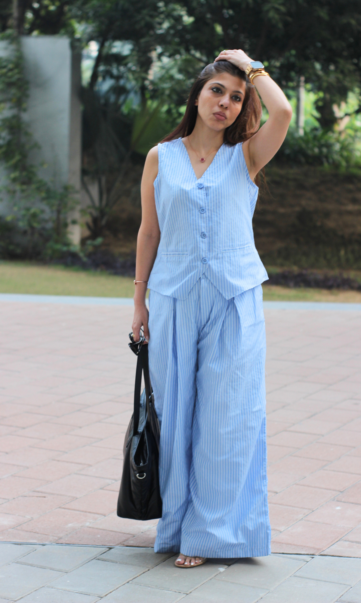 Cotton blue pinstripe co-ord set — sleeveless waistcoat with wide-leg pants