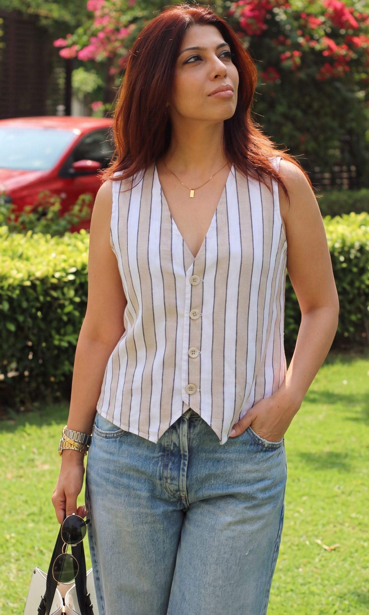 White-Beige Linear Cotton Waistcoat