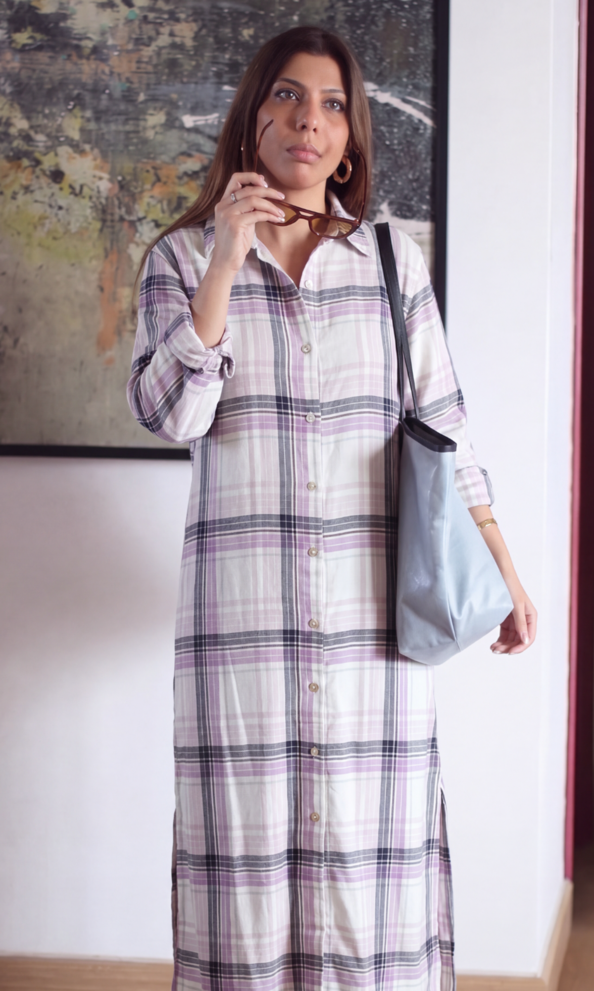 Lilac Plaid Longline Shirt-Dress