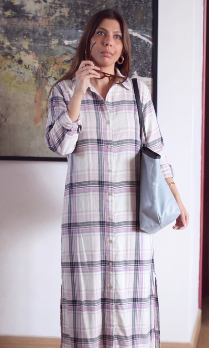 Lilac Plaid Longline Shirt-Dress
