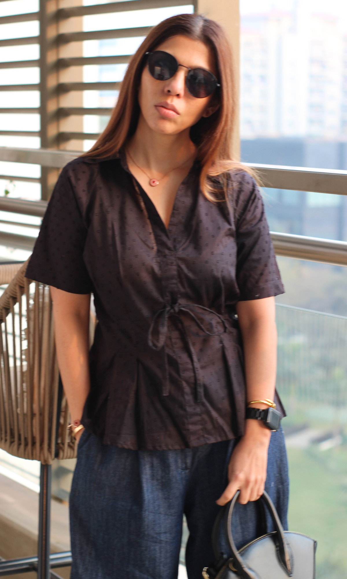 Black Dobby Tie Detail Top