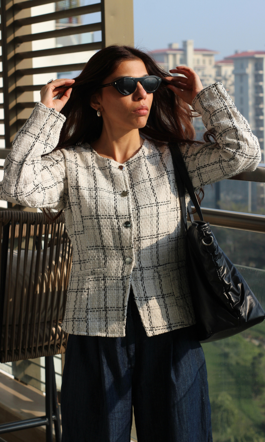 White Tweed Sleeved Metallic Buttoned Waist Coat