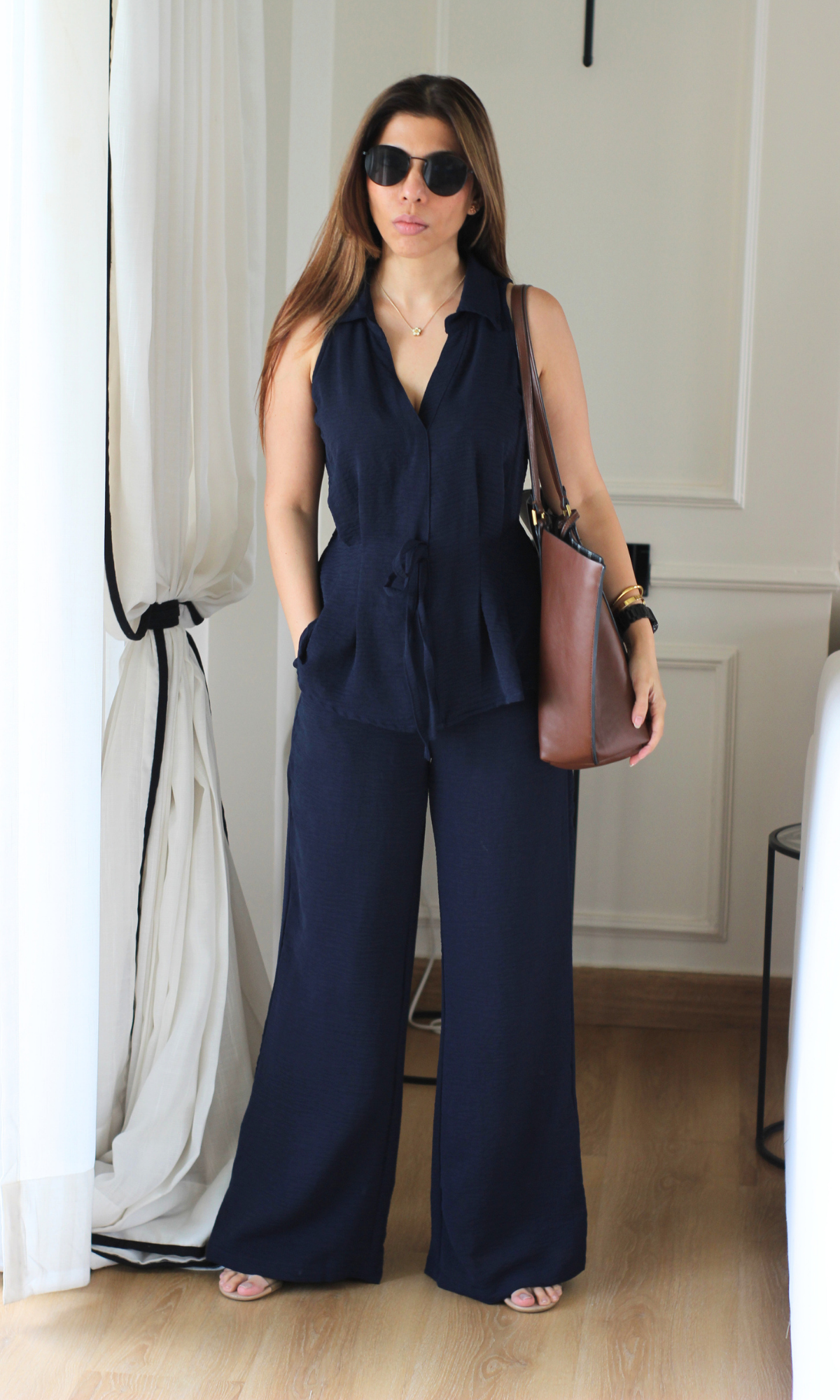 Deep Navy String Detail Top and Flared Pants Co-ord