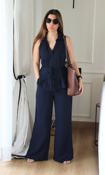 Deep Navy String Detail Top and Flared Pants Co-ord