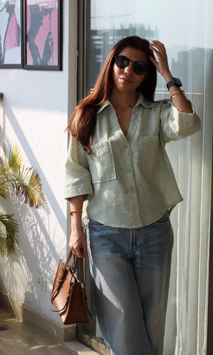 Light Green Weave Cropped Shirt