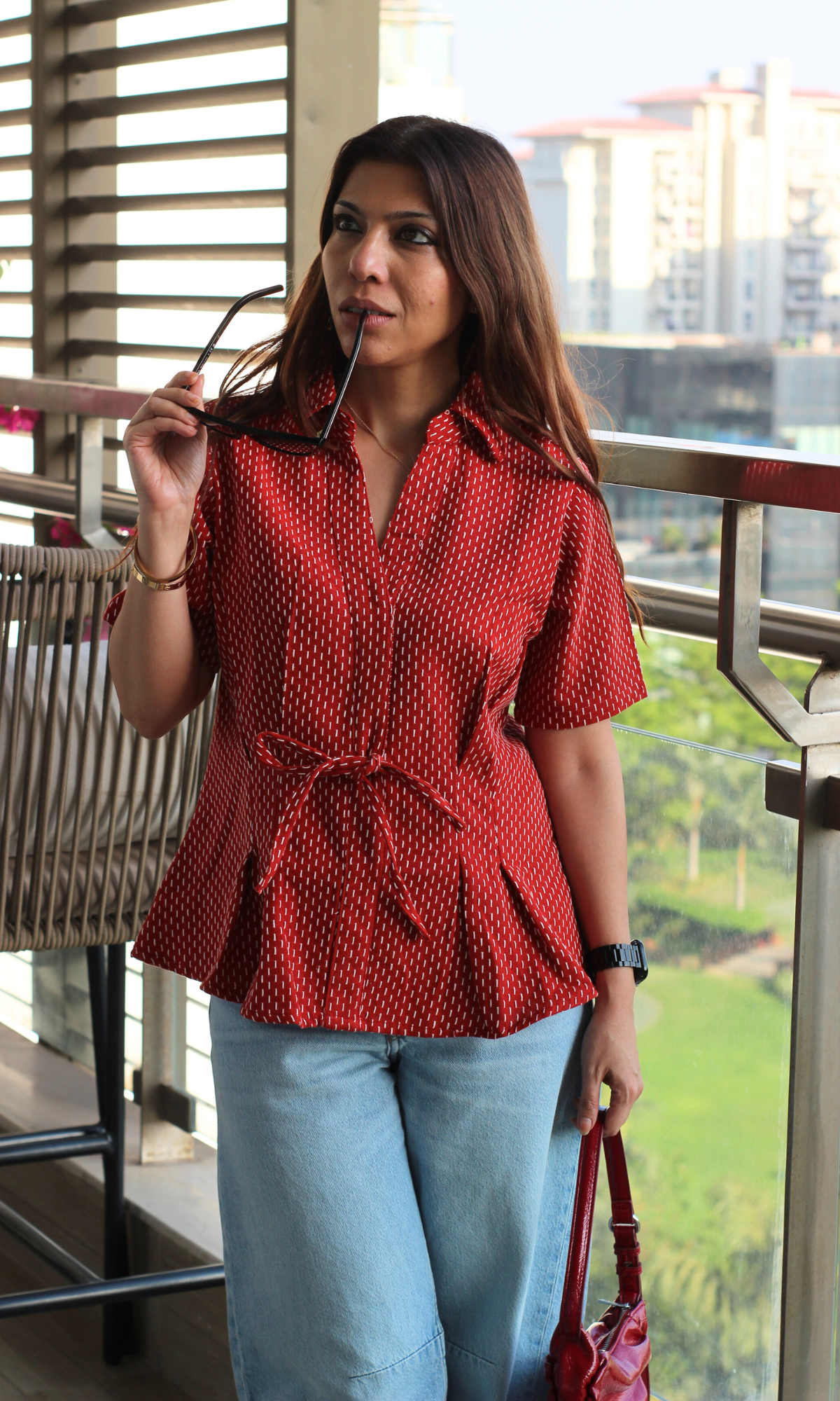 Brick Weave Textured Tie Detail Top