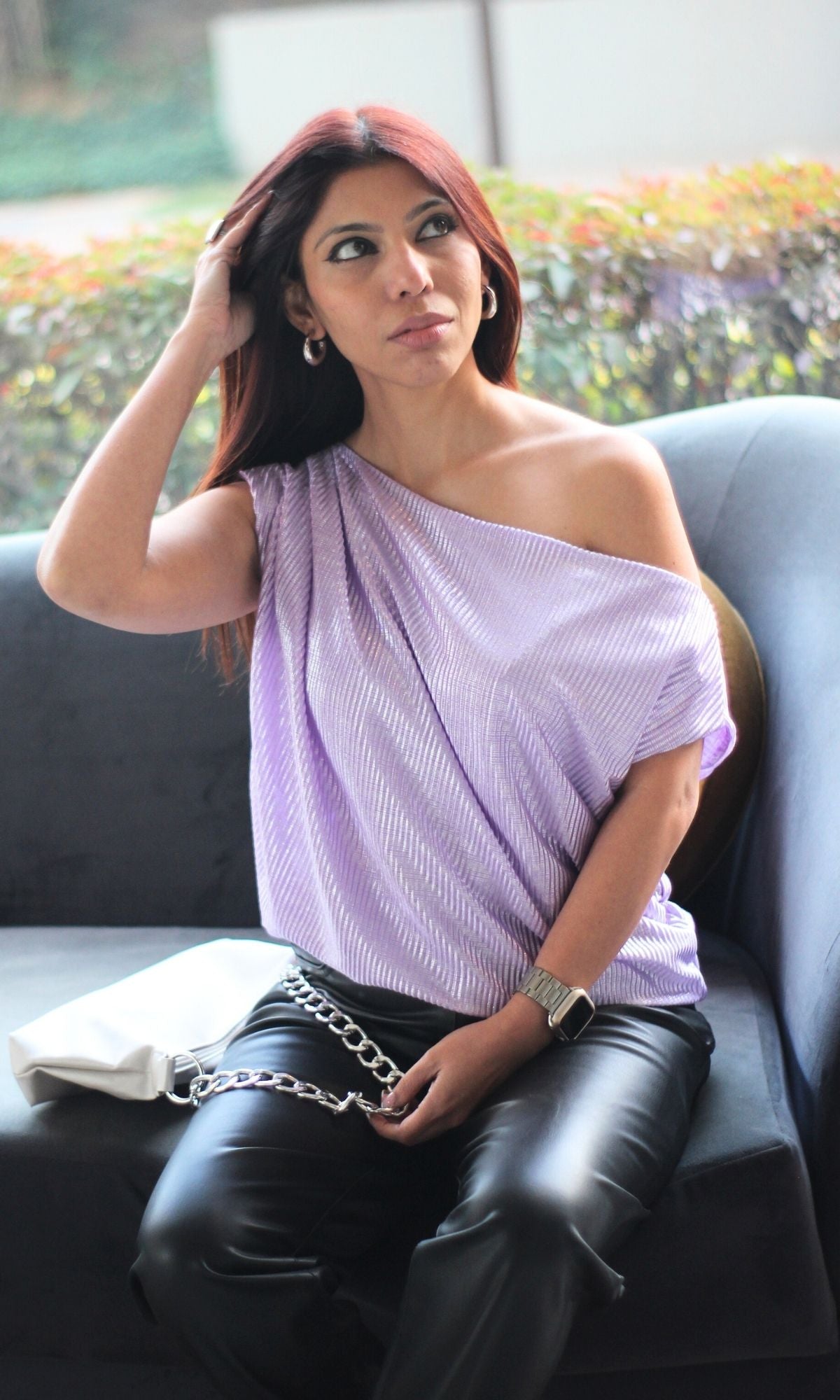 Lavender Shimmer Pleated One-Shoulder Top