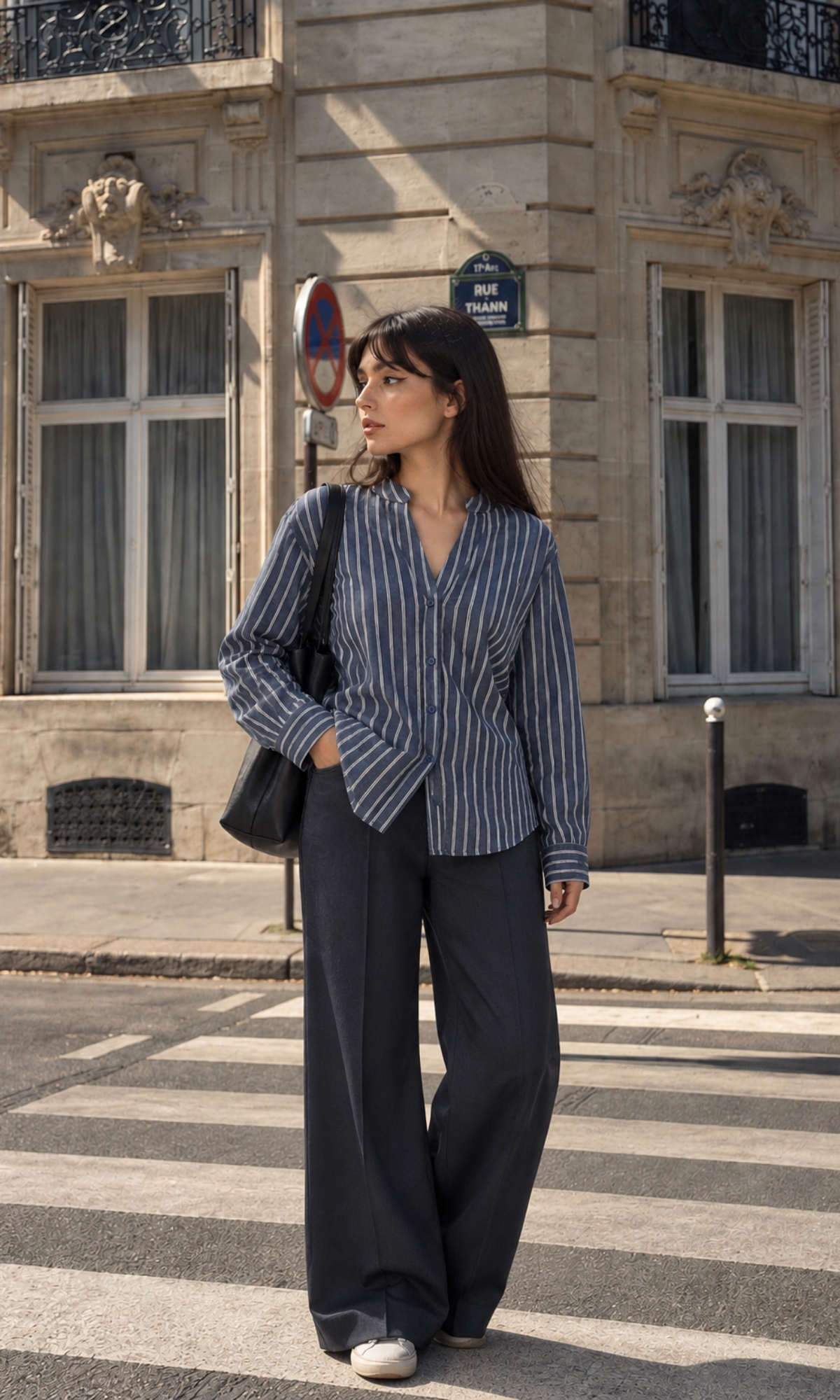Navy Pinstripe Mandarin-Collar Shirt