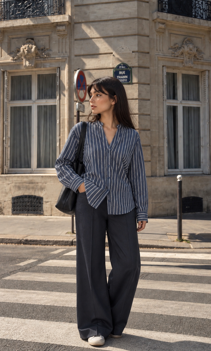 Navy Pinstripe Mandarin-Collar Shirt