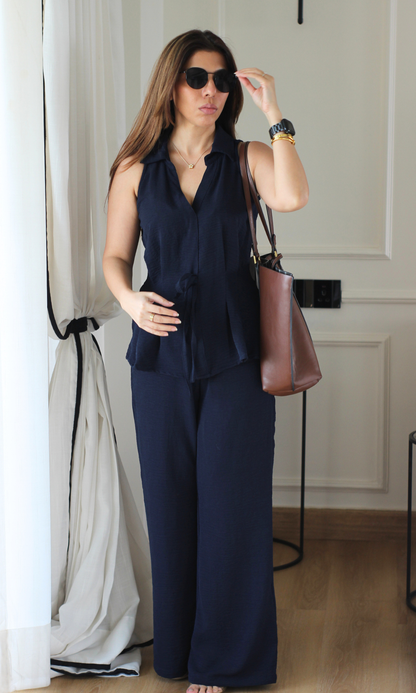 Deep Navy String Detail Top and Flared Pants Co-ord