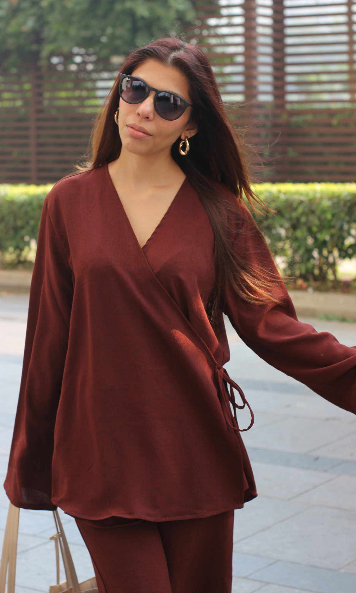 Brown Textured Tie Detail Kimono Top with Pants Co-ord