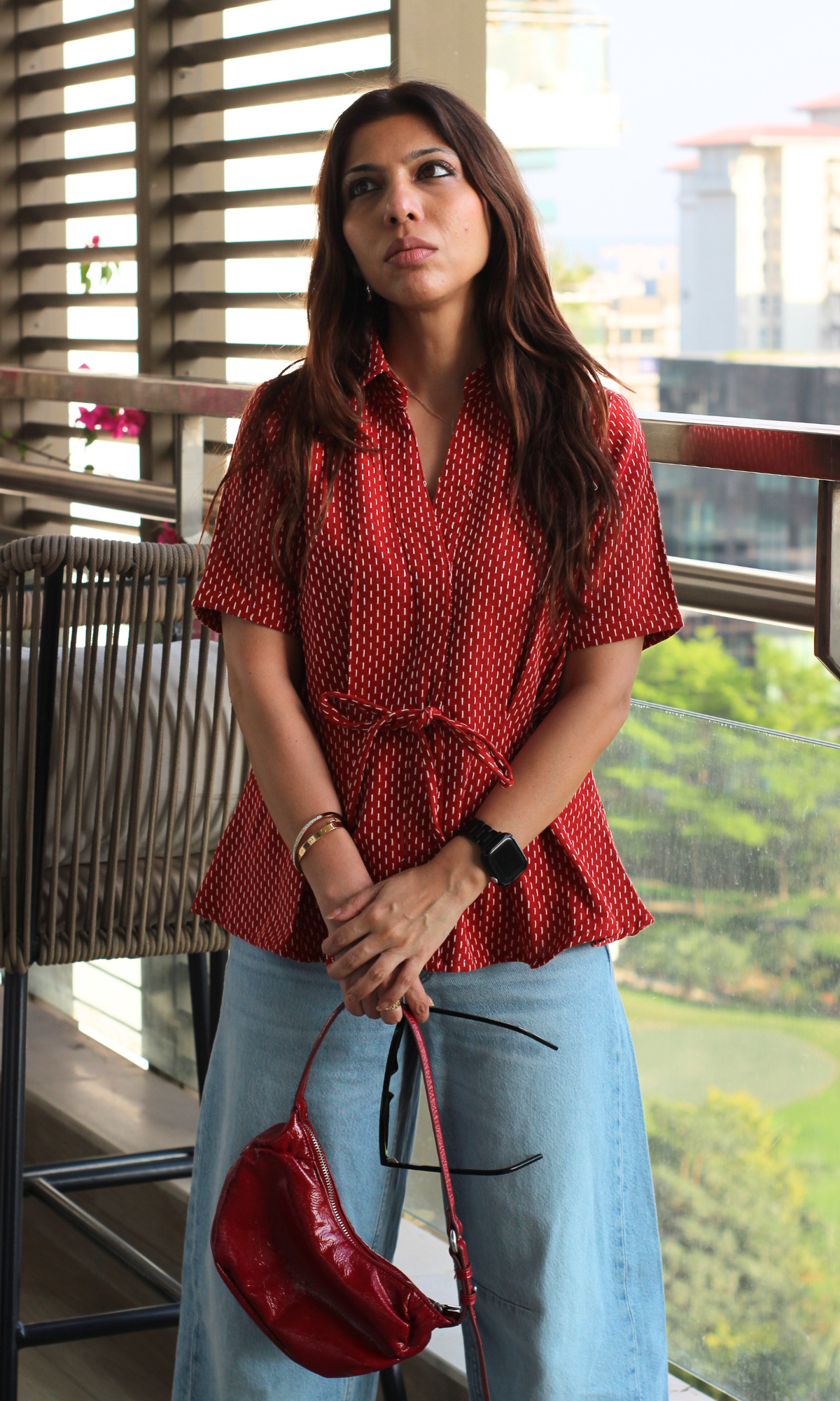 Brick Weave Textured Tie Detail Top