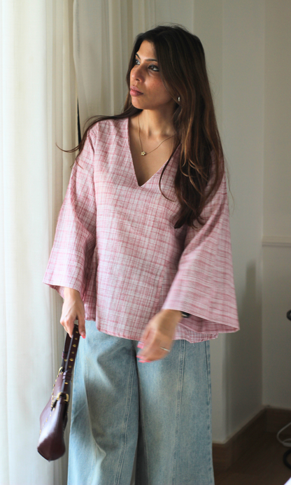 Rose Check V-Neck Peplum Top