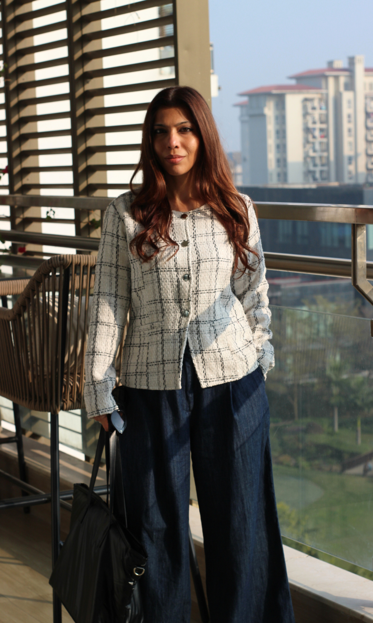 White Tweed Sleeved Metallic Buttoned Waist Coat