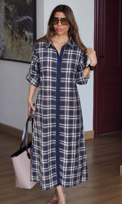 Navy Rust Plaid Contrast Shirt Dress