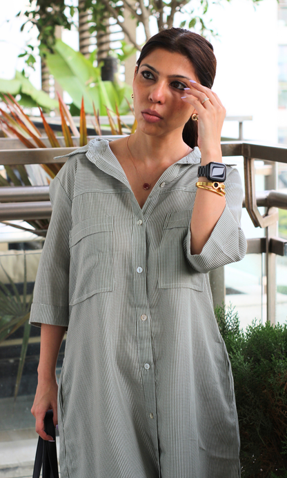 Green Stripe Cotton Shirt Dress