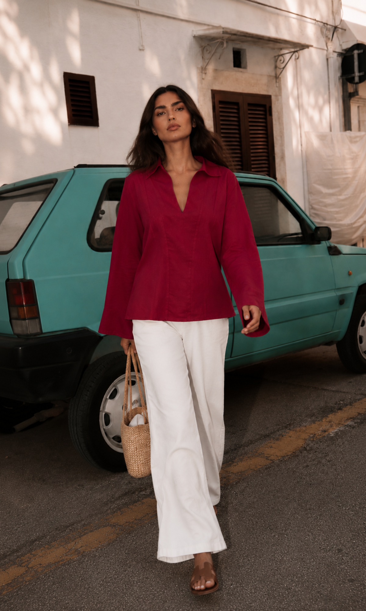 Crimson Berry Textured Collared V-Neck Blouse