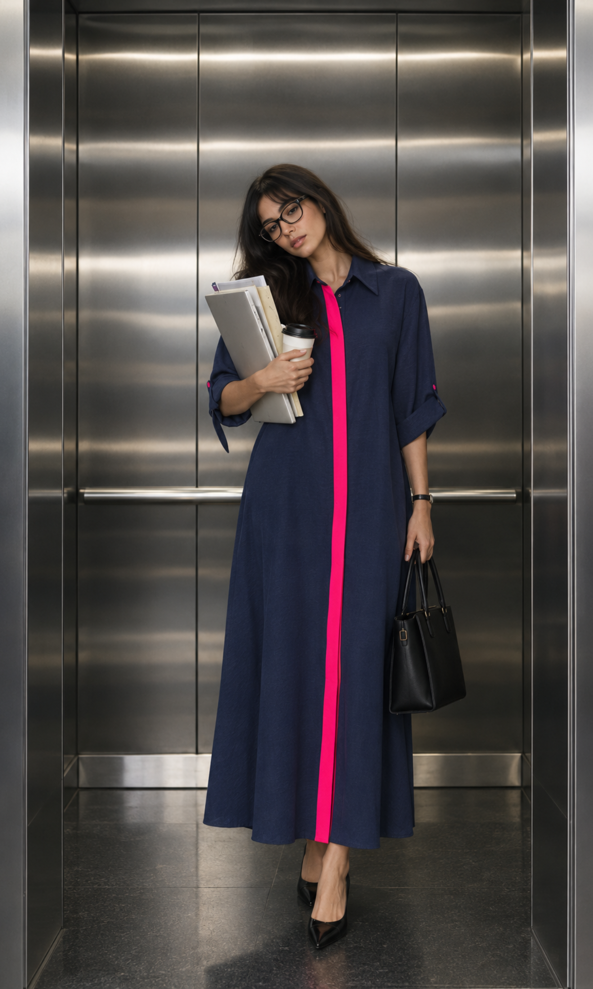 Deep Navy Contrast Placket Maxi Dress