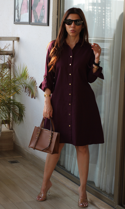 Burgundy Metallic Buttoned Shirt Dress