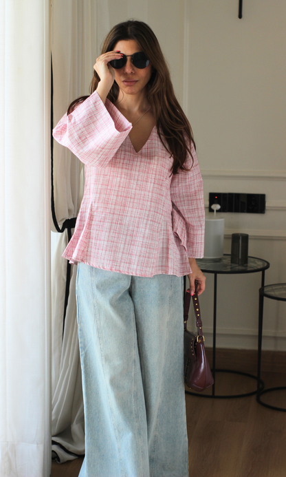 Rose Check V-Neck Peplum Top