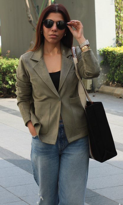 Women’s olive-grey suede jacket with collared neck, button-up front and big front pockets — made from 100% suede for casual or office wear.