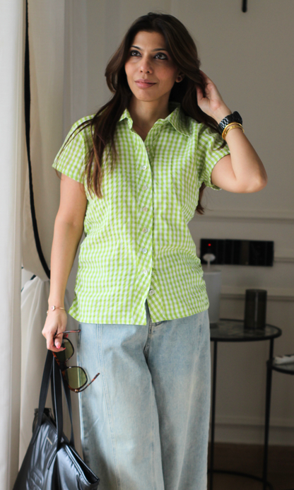 Lime Gingham Ruched Shirt