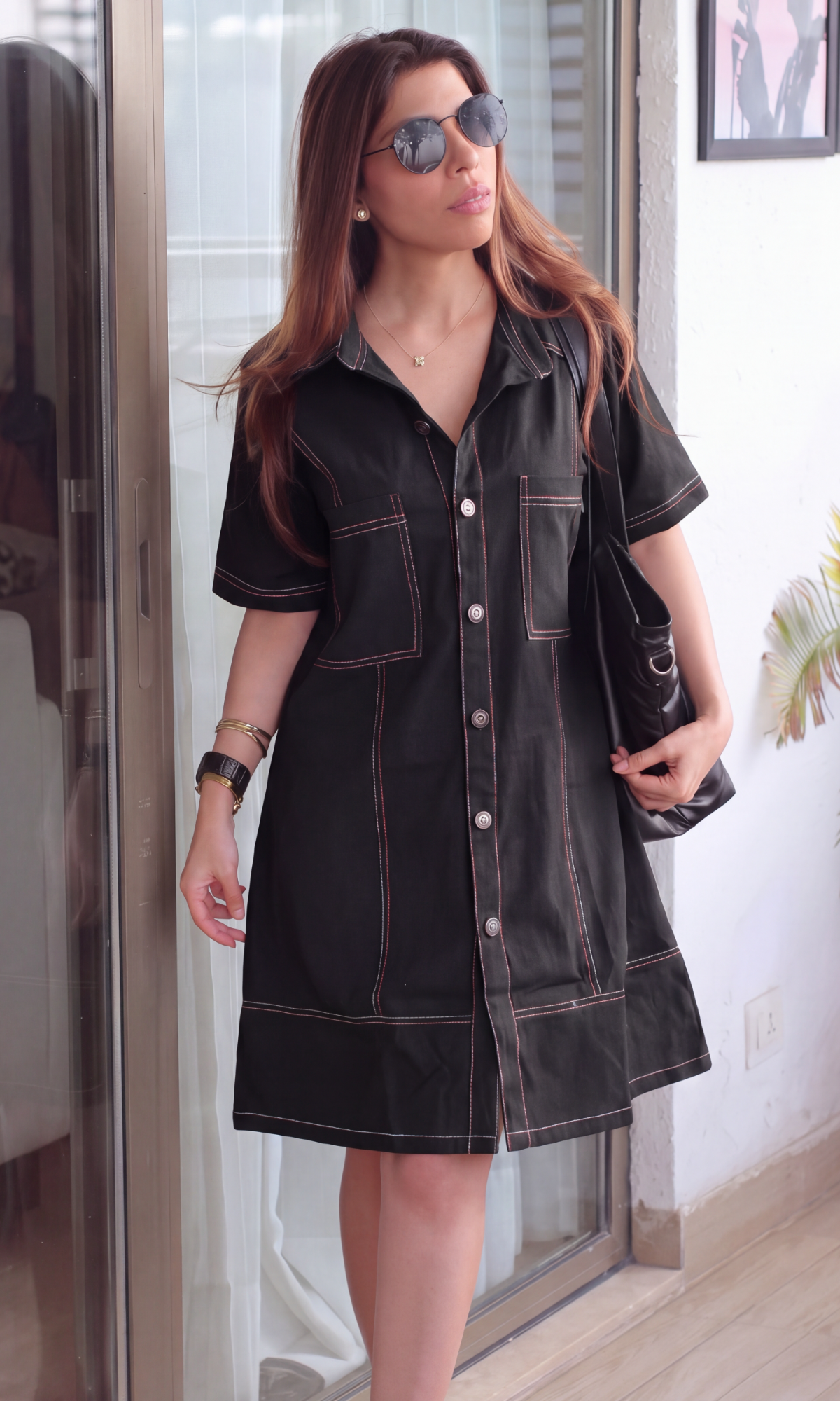 Black Denim Two-Tone Stitch Shirt Dress