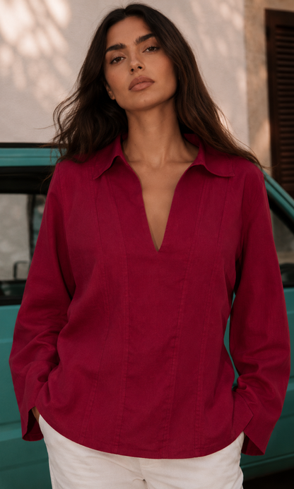 Crimson Berry Textured Collared V-Neck Blouse